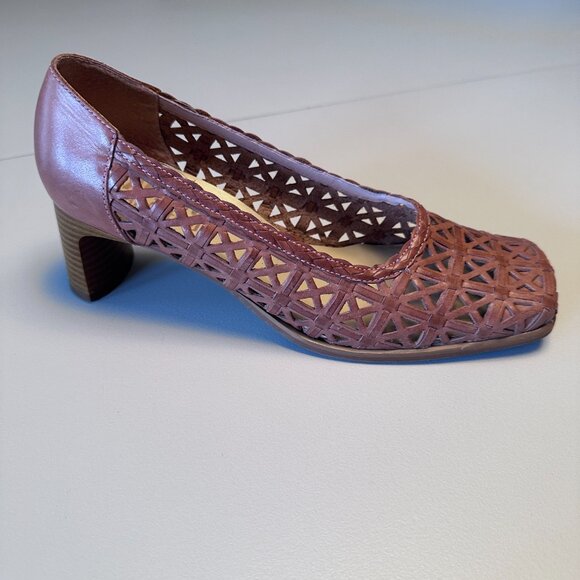 Vintage Leather Basket Weave  Square Toe Sandal/Heels sz 7.5 - Cafe Latte - Picture 1 of 14